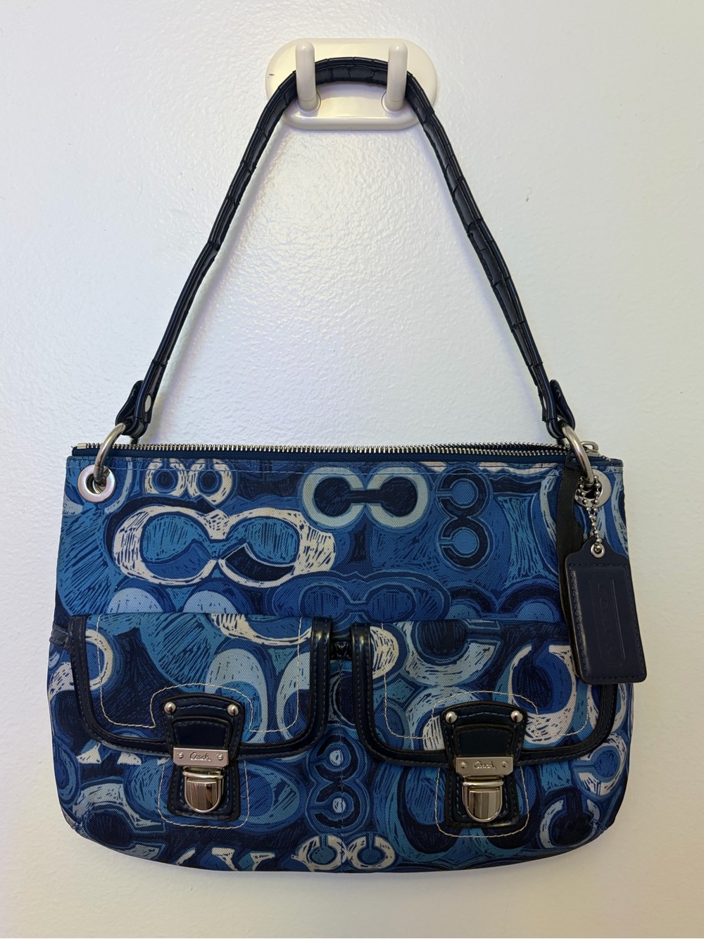 Coach Blue Signature Pattern Shoulder Bag with Black Trim